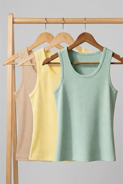 3 Adet Fitilli Fitted Viskon Karışımlı Askılı Tişört