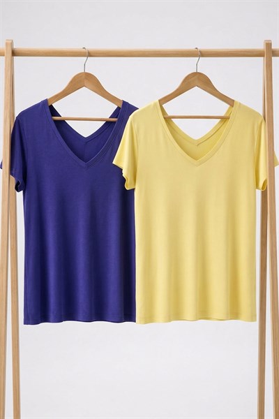 2 Adet Ön ve Arka V Yaka Basic Tişört