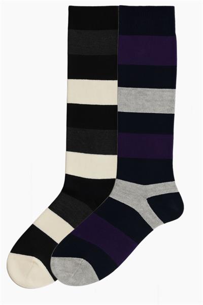2 Adet Çizgili ve Renkli Diz Boyu Çorap