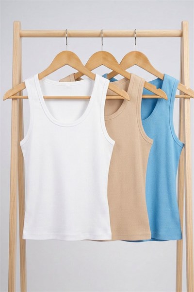 3 Adet Fitilli Fitted Viskon Karışımlı Askılı Tişört