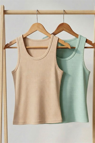 2 Adet Fitilli Fitted Viskon Karışımlı Askılı Tişört