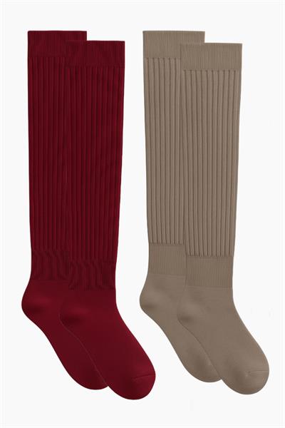2 Çift Kalın Fitilli Pamuk Karışımlı Diz Üstü Çorap