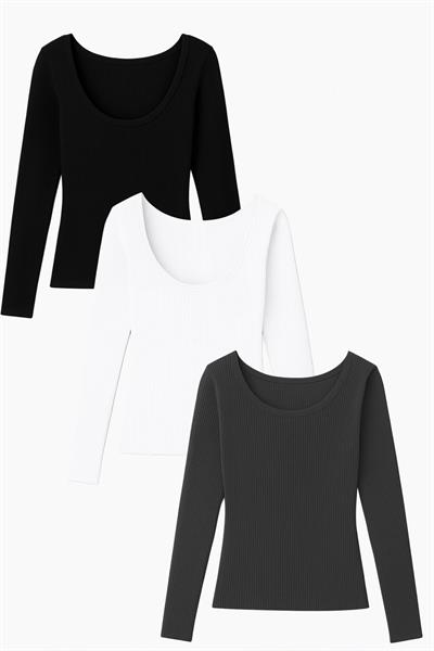 3 Adet Uzun Kollu Kayık Yaka Ribanalı Bluz