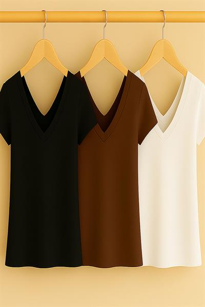 3 Adet Ön ve Arka V Yaka Basic Viskon Karışımlı Tişört