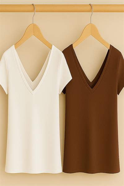 2 Adet Ön ve Arka V Yaka Basic Tişört