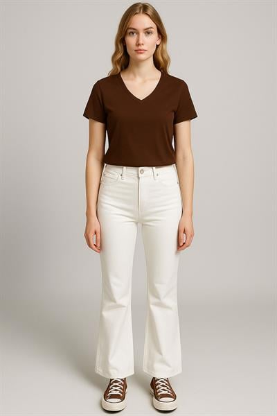 Ön ve Arka V Yaka Basic Viskon Karışımlı Tişört