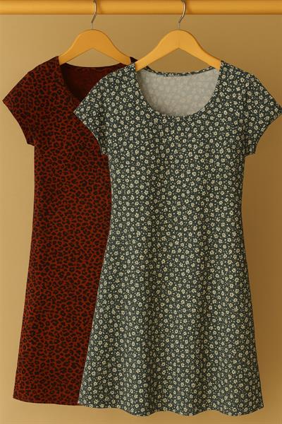 2 Adet Dökümlü Rahat Kalıp Günlük Penye Kumaş Elbise