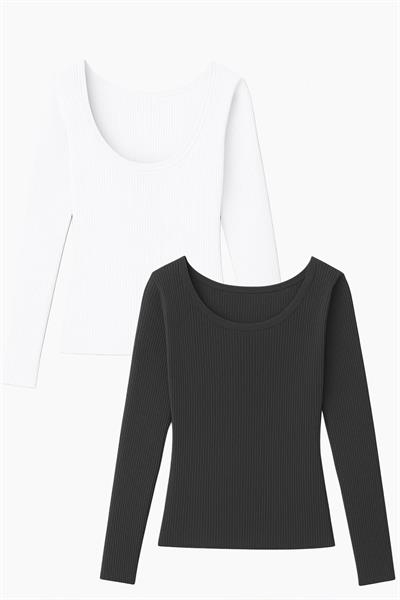 2 Adet Uzun Kollu Kayık Yaka Ribanalı Bluz