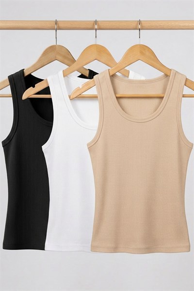 3 Adet Fitilli Fitted Viskon Karışımlı Askılı Tişört