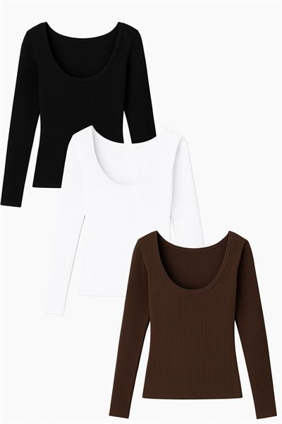3 Adet Uzun Kollu Kayık Yaka Ribanalı Bluz