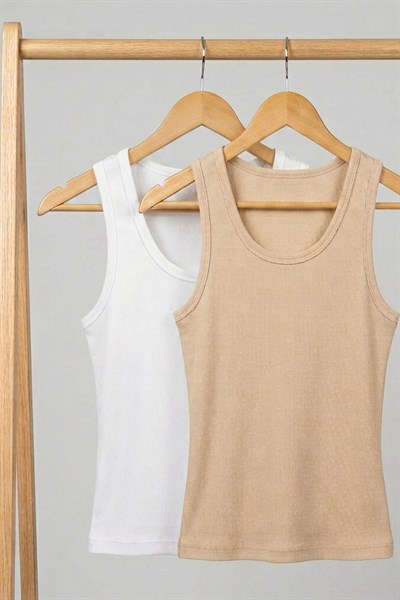 2 Adet Fitilli Fitted Viskon Karışımlı Askılı Tişört