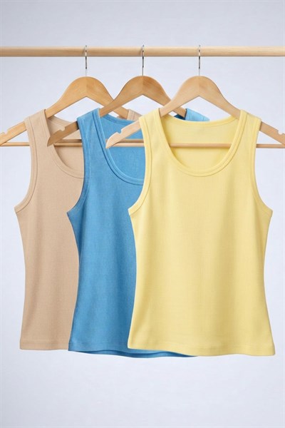 3 Adet Fitilli Fitted Viskon Karışımlı Askılı Tişört