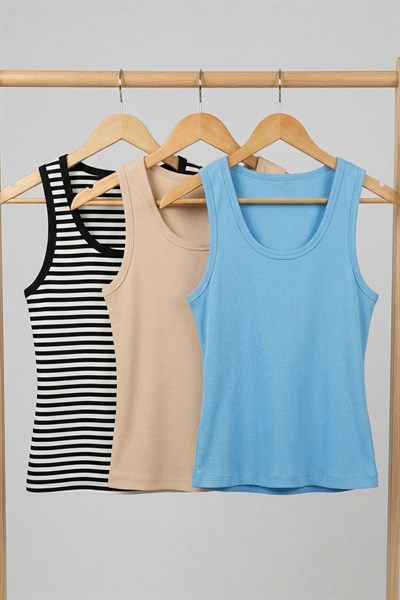 3 Adet Fitilli Fitted Viskon Karışımlı Askılı Tişört