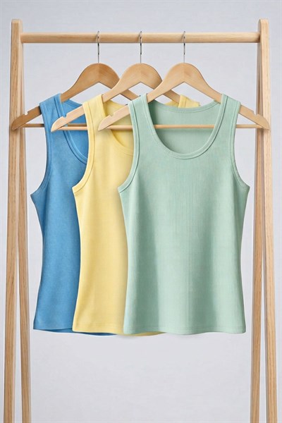 3 Adet Fitilli Fitted Viskon Karışımlı Askılı Tişört