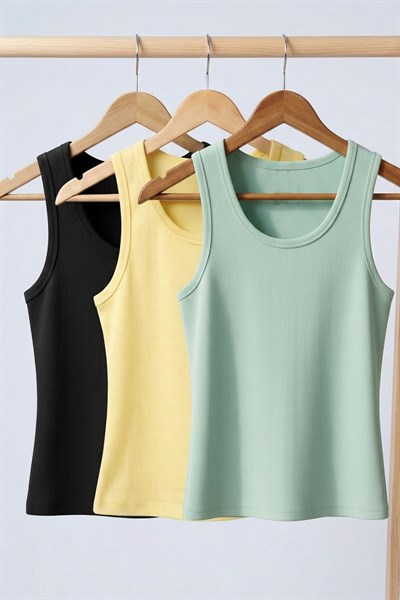 3 Adet Fitilli Fitted Viskon Karışımlı Askılı Tişört