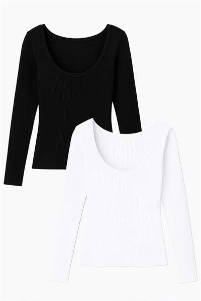 2 Adet Uzun Kollu Kayık Yaka Ribanalı Bluz