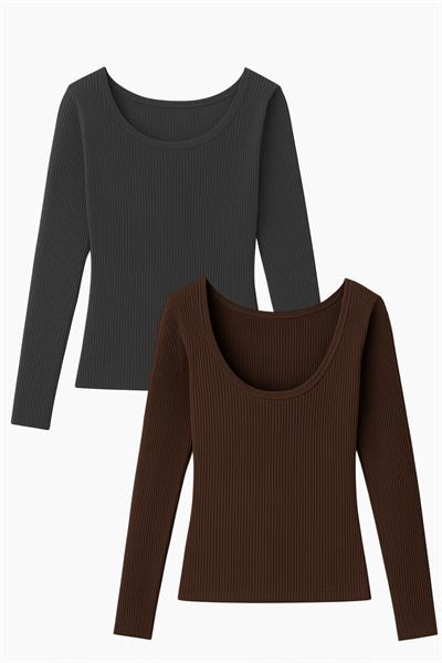 2 Adet Uzun Kollu Kayık Yaka Ribanalı Bluz