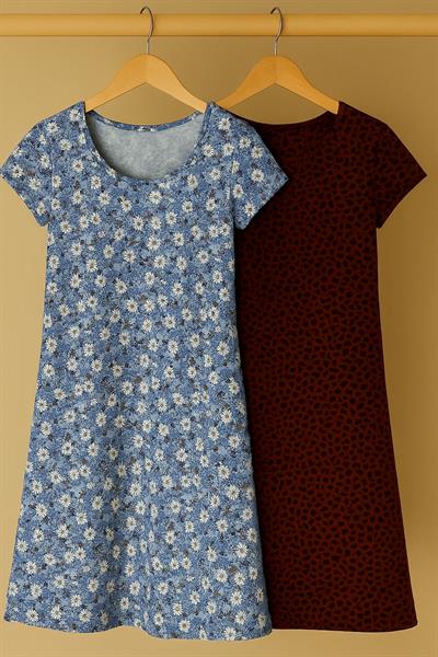 2 Adet Dökümlü Rahat Kalıp Günlük Penye Kumaş Elbise