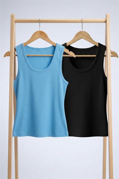 2 Adet Fitilli Fitted Viskon Karışımlı Askılı Tişört