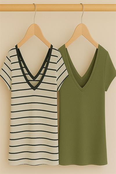 2 Adet Ön ve Arka V Yaka Basic Tişört