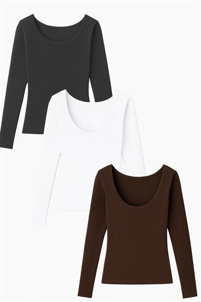 3 Adet Uzun Kollu Kayık Yaka Ribanalı Bluz