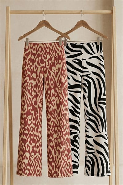 2 Adet Rahat Kalıp Yüksek Bel Bol Paça Viskon Karışım Kadın Pantolon