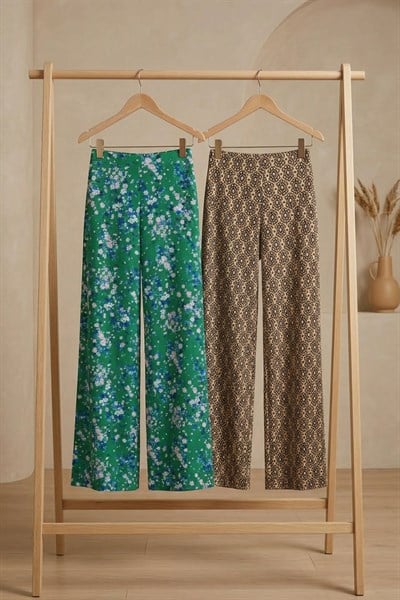 2 Adet Rahat Kalıp Yüksek Bel Bol Paça Viskon Karışım Kadın Pantolon