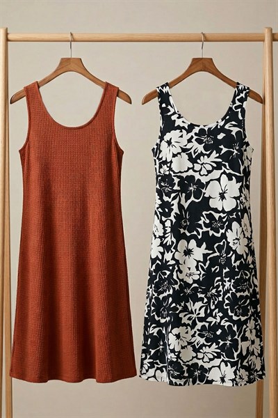 2 Adet A Kesim Rahat Ve Dökümlü Kalın Askılı Elbise