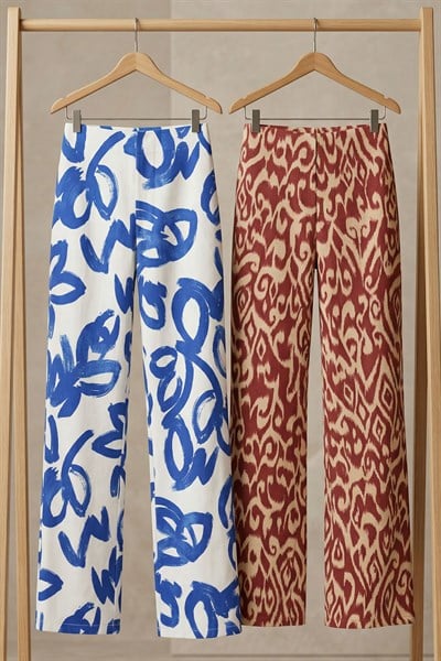 2 Adet Rahat Kalıp Yüksek Bel Bol Paça Viskon Karışım Kadın Pantolon