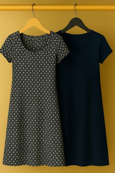 2 Adet Dökümlü Rahat Kalıp Günlük Penye Kumaş Elbise