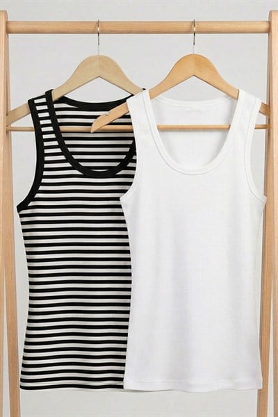 2 Adet Fitilli Fitted Viskon Karışımlı Askılı Tişört