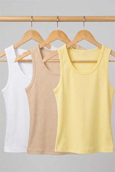 3 Adet Fitilli Fitted Viskon Karışımlı Askılı Tişört