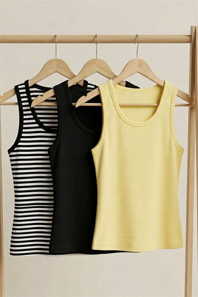 3 Adet Fitilli Fitted Viskon Karışımlı Askılı Tişört