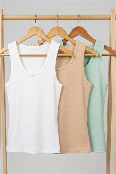 3 Adet Fitilli Fitted Viskon Karışımlı Askılı Tişört