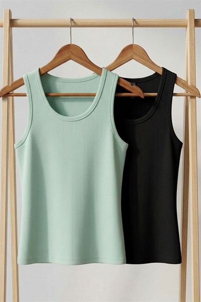 2 Adet Fitilli Fitted Viskon Karışımlı Askılı Tişört