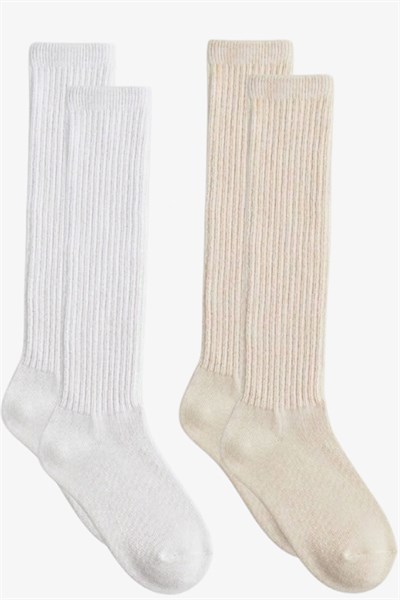 2 Çift İnce Fitilli Diz Üstü Pamuk Karışımlı Çocuk Çorap