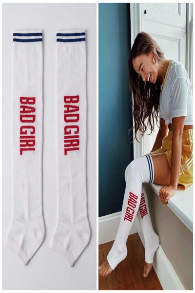 Bad Girl Yazılı Çizgili Diz Üstü Kadın Çorap