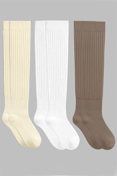 3 Çift Kalın Fitilli Pamuk Karışımlı Diz Üstü Çorap