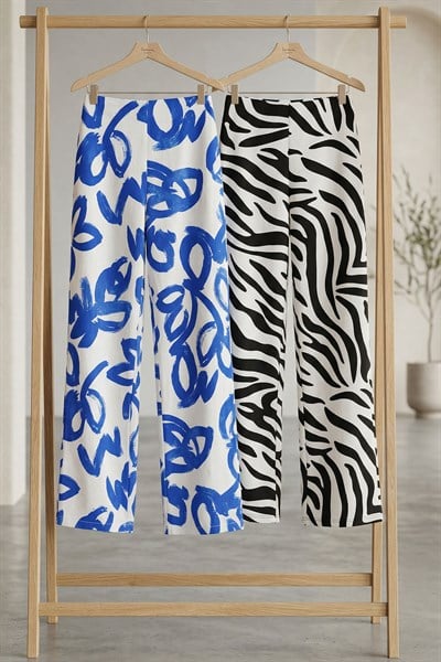 2 Adet Rahat Kalıp Yüksek Bel Bol Paça Viskon Karışım Kadın Pantolon