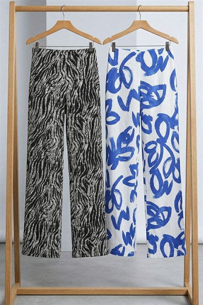 2 Adet Rahat Kalıp Yüksek Bel Bol Paça Viskon Karışım Kadın Pantolon