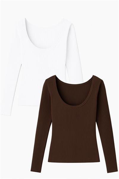 2 Adet Uzun Kollu Kayık Yaka Ribanalı Bluz