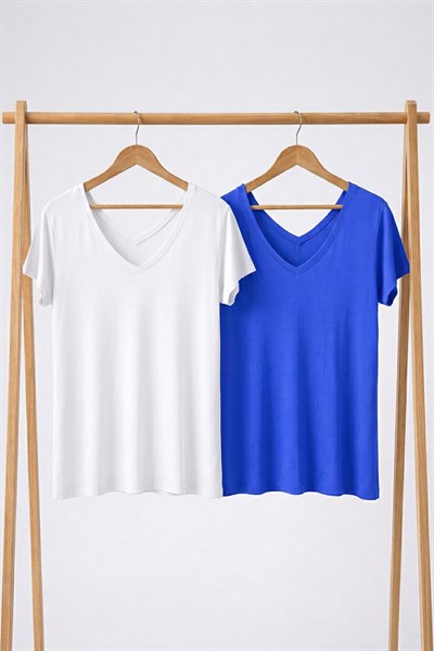 2 Adet Ön ve Arka V Yaka Basic Tişört