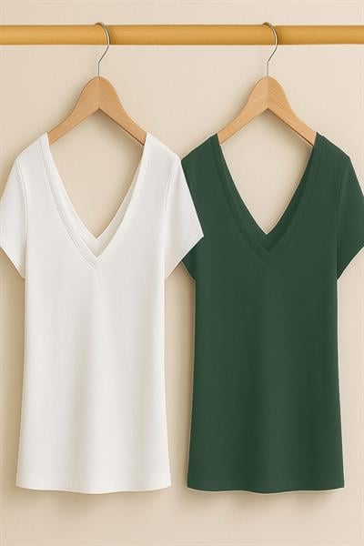 2 Adet Ön ve Arka V Yaka Basic Tişört