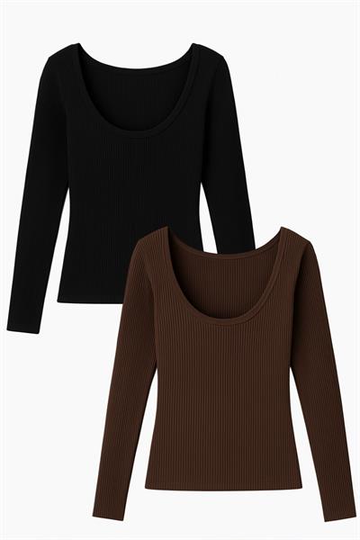 2 Adet Uzun Kollu Kayık Yaka Ribanalı Bluz