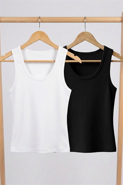 2 Adet Fitilli Fitted Viskon Karışımlı Askılı Tişört