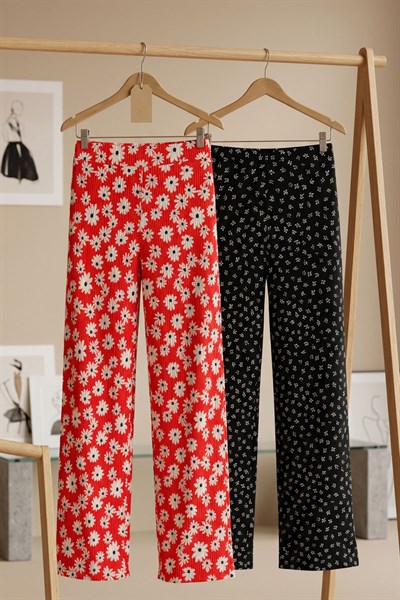 2 Adet Rahat Kalıp Yüksek Bel Bol Paça Viskon Karışım Kadın Pantolon