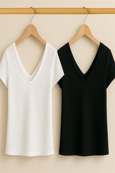 2 Adet Ön ve Arka V Yaka Basic Tişört