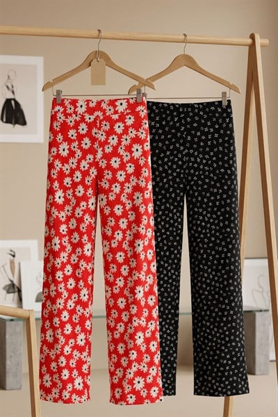 2 Adet Rahat Kalıp Yüksek Bel Bol Paça Viskon Karışım Kadın Pantolon