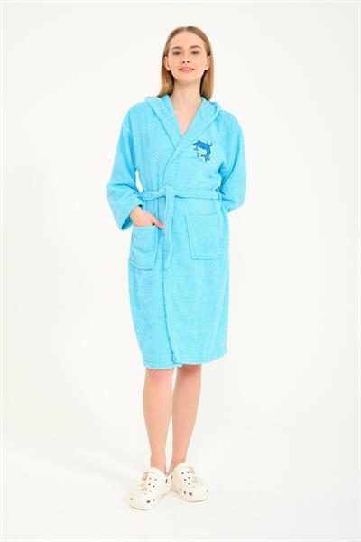 Düz ve Kapüşonlu Pamuk Karışımlı Çocuk Bornozu