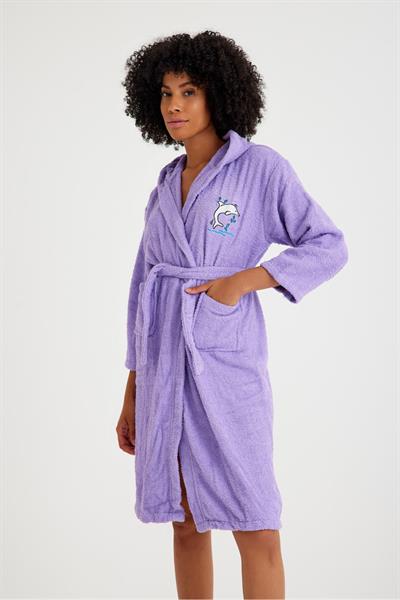 Düz ve Kapüşonlu Pamuk Karışımlı Çocuk Bornozu